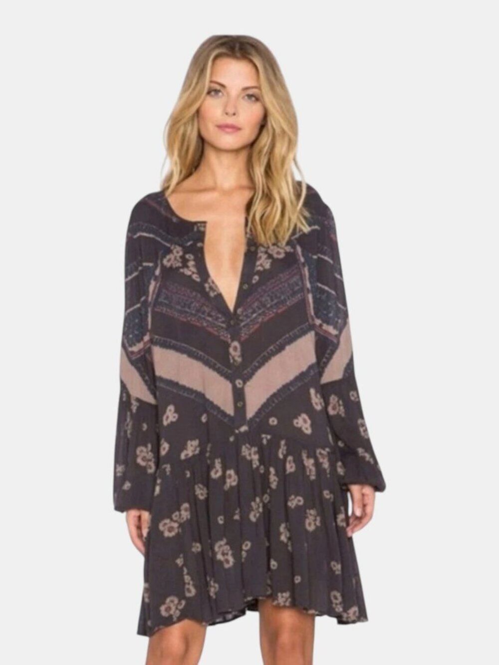 FREE PEOPLE FROM YOUR HEART PRINTED RAYON GAUZE MINI DRESS MIDNIGHT BOHO NWOT